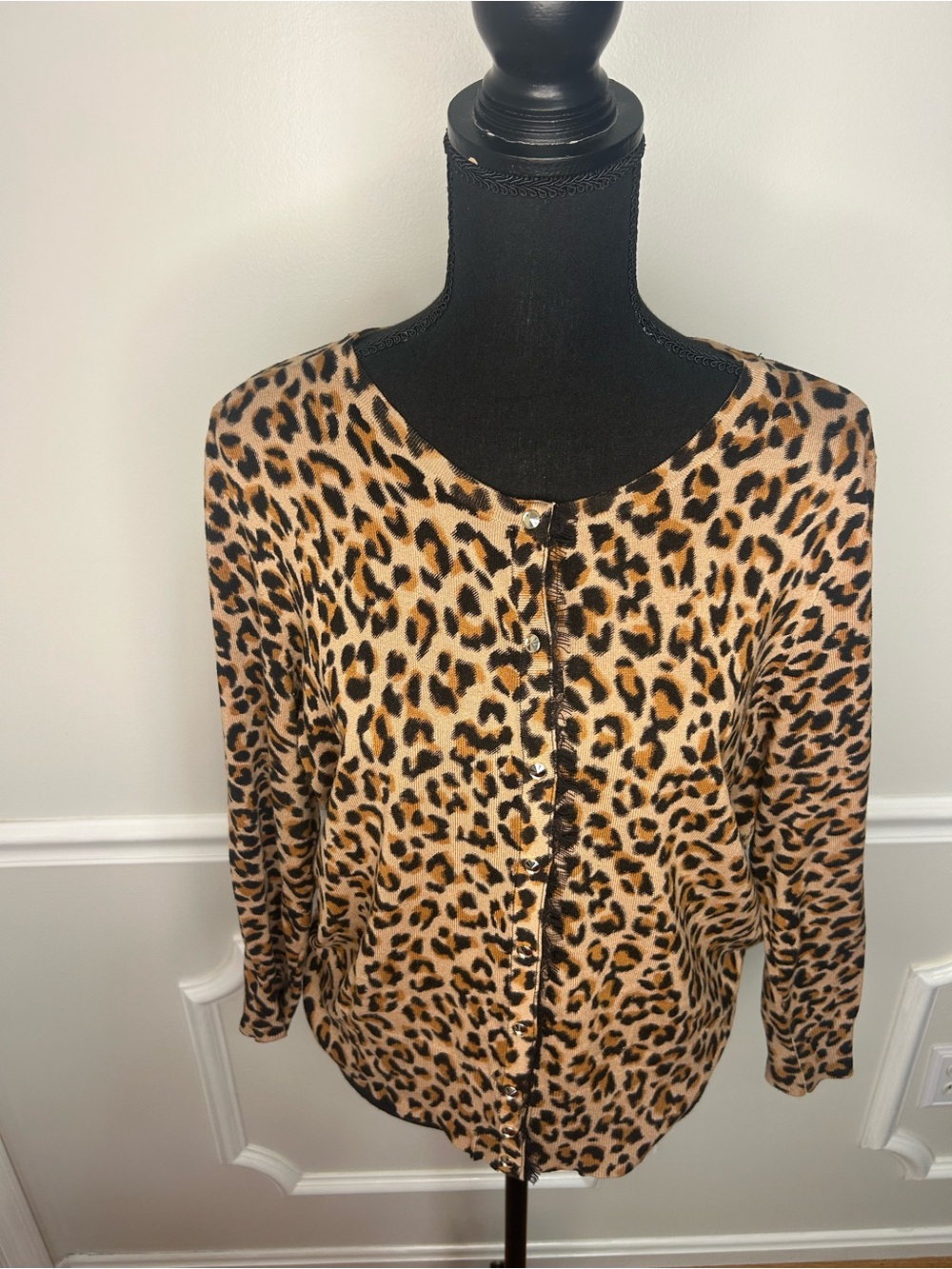 White House Black Market Leopard-Print Button Cardigan in Tan and Black